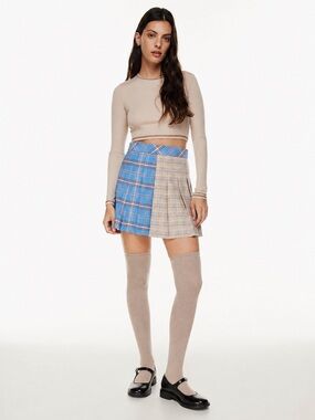 Sunday Best Olive Micro Pleated Plaid Mini Skirt Two Tone Blue Beige Size 0